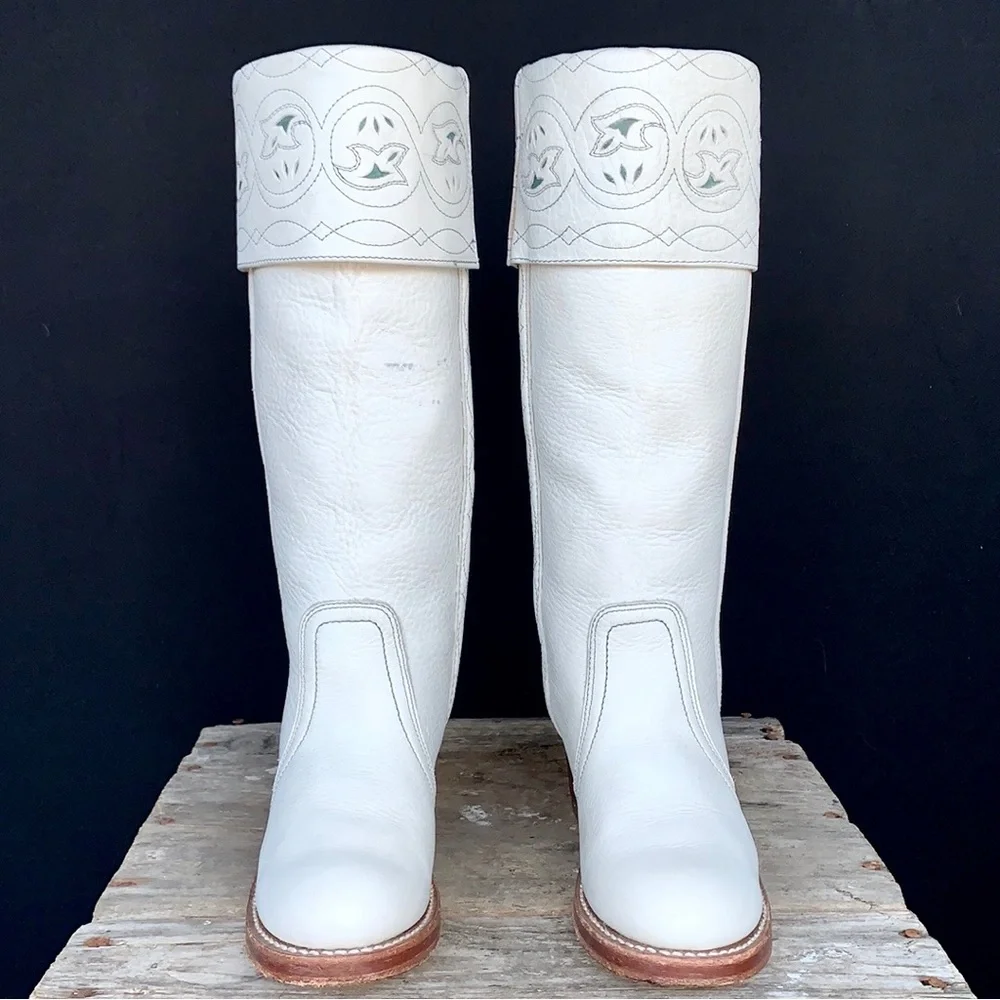 SOLD FRYE Vintage White Sabrina Campus Tooled Cuff Tall Knee High Western Boots - Picture 6 of 12